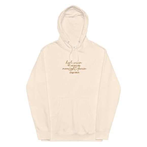 High Vibin Yoga Bitch Embroidered Long Line Loose Fit Fleece Hoodie in Bone NWT - Picture 2 of 6